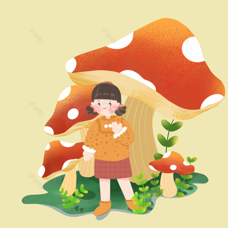 手绘插画图片,春游元素,春季PNG,蘑菇免抠素材